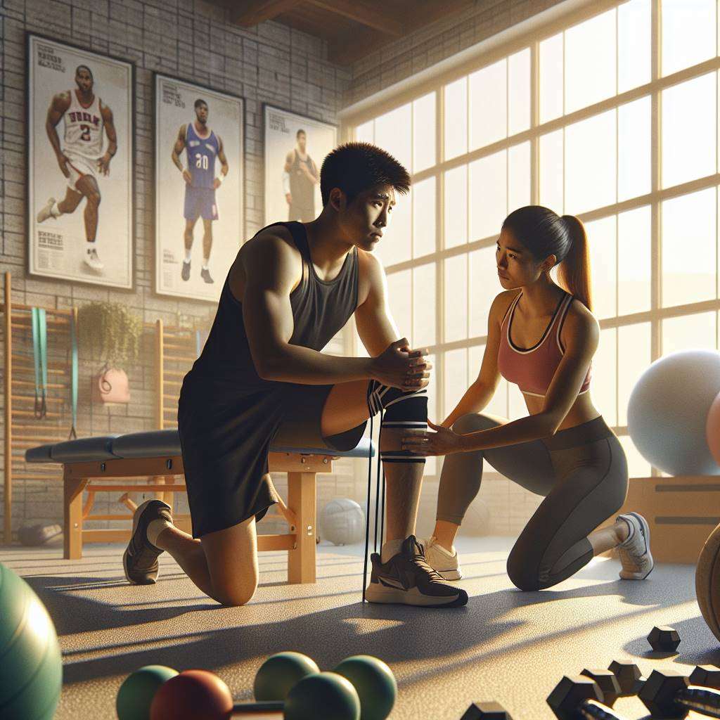 Physiotherapist assisting young athlete with knee exercises in rehab gym