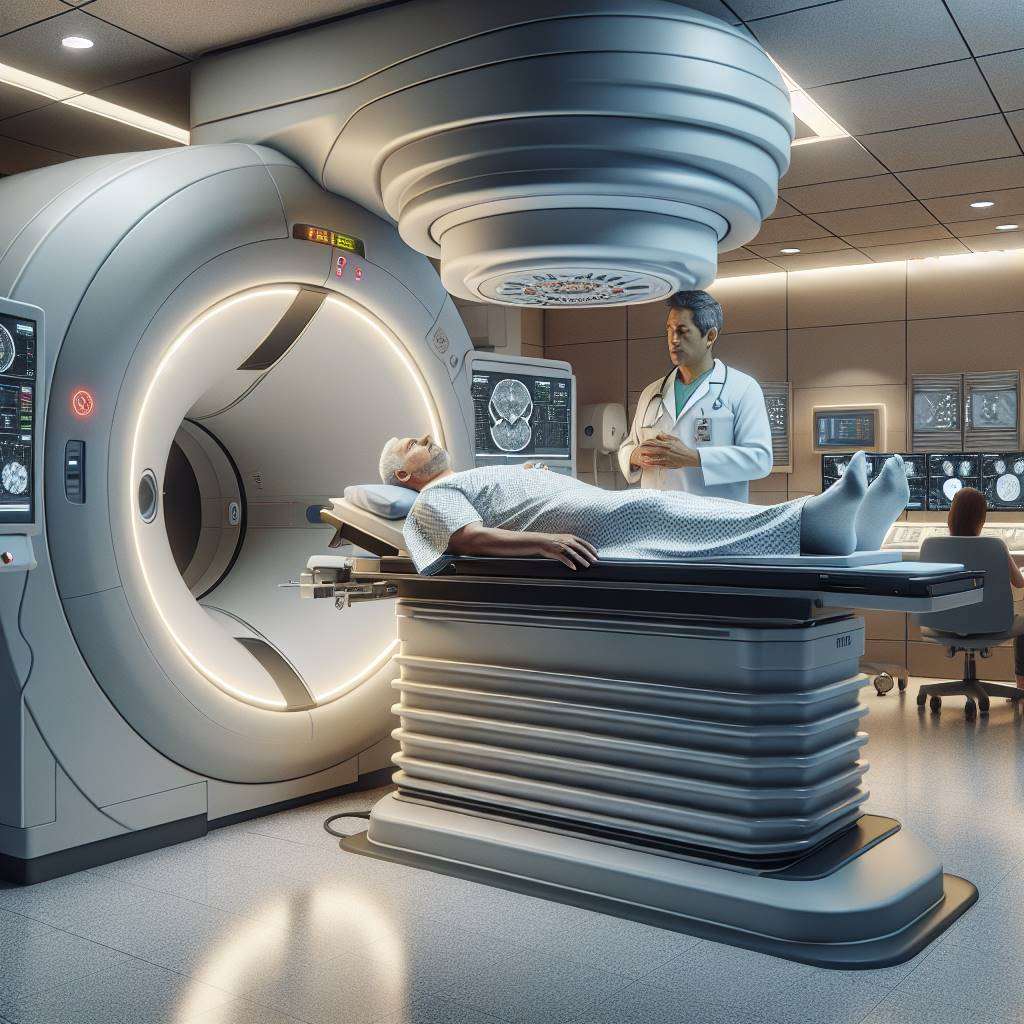 Medical professional adjusting radiation therapy equipment