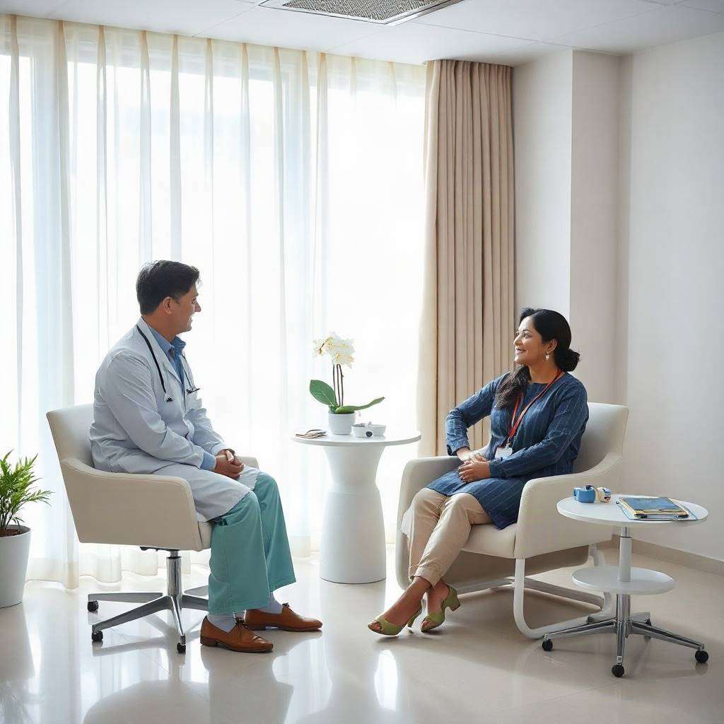 Quiet transplant recovery room with soft daylight in an Indian hospital