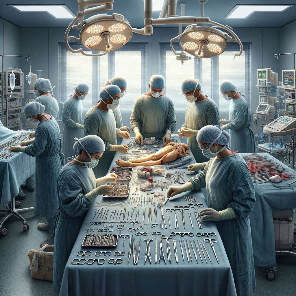 Surgeons preparing sterile instruments for ligament repair in a modern Indian operating room