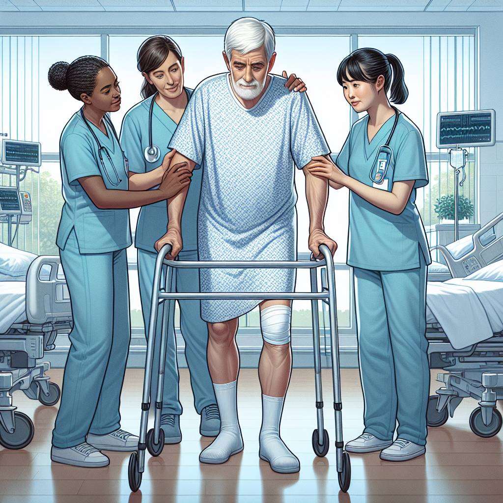 Nursing staff helping elderly patient take first steps after hip surgery in hospital ward