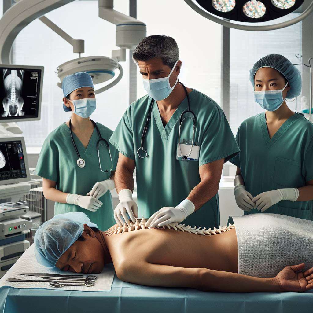 Medical team preparing patient for minimally invasive spine procedure in hospital setting