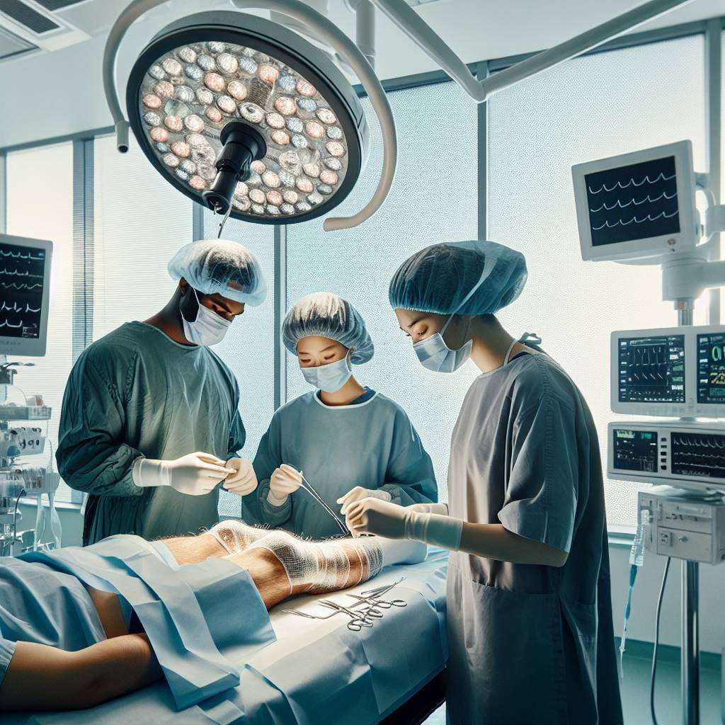Medical team preparing young adult for knee surgery using advanced hospital equipment