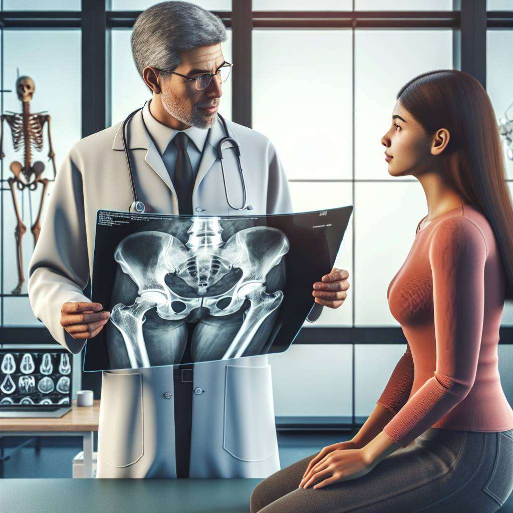 Doctor reviewing hip X-ray with patient in clinic