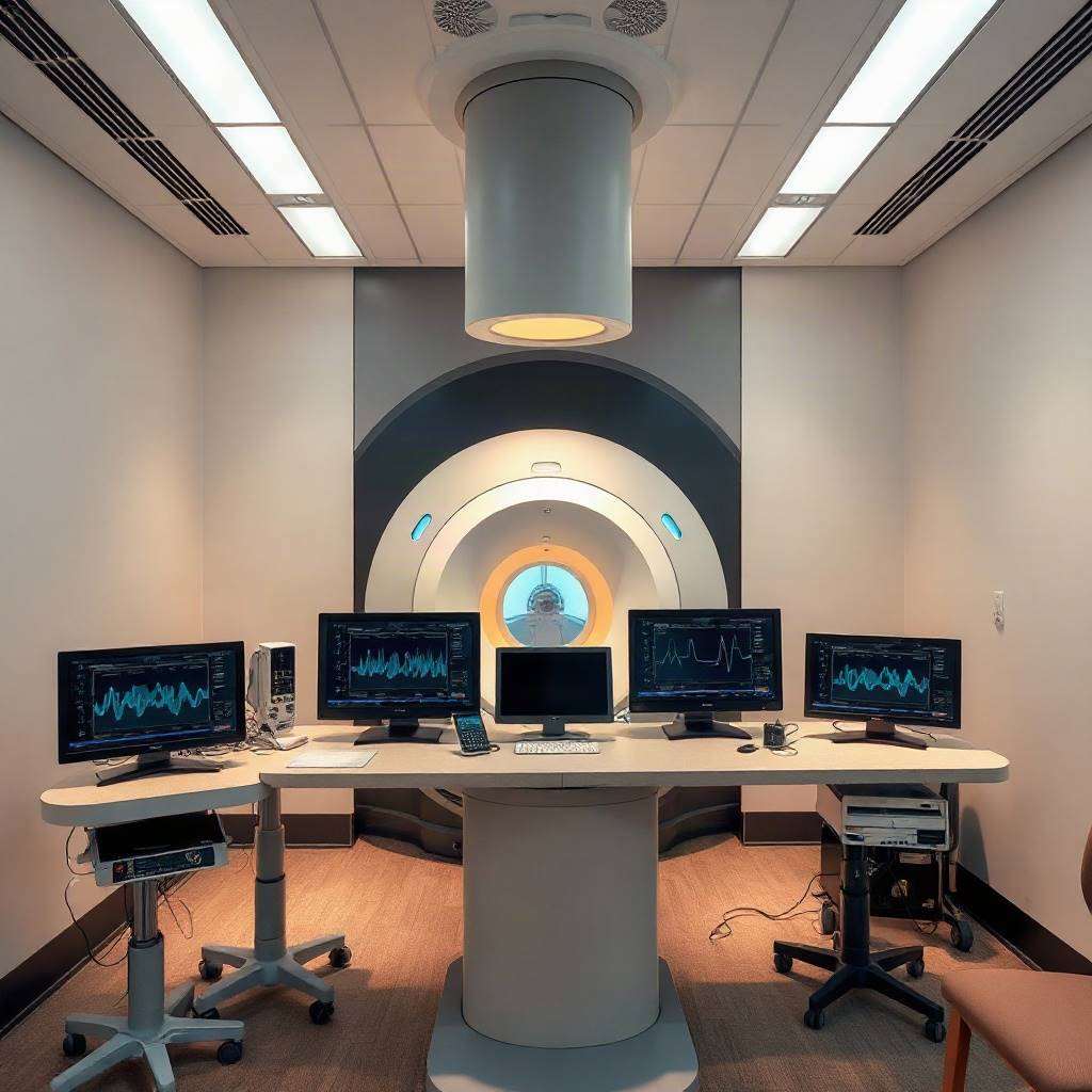Proton therapy treatment room with a rotating gantry and patient couch