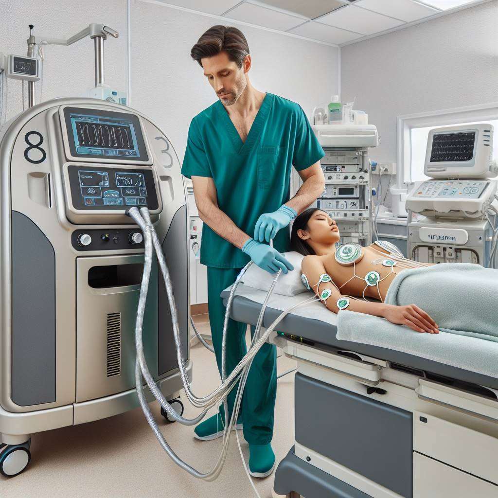Medical professional adjusting hyperthermia therapy equipment