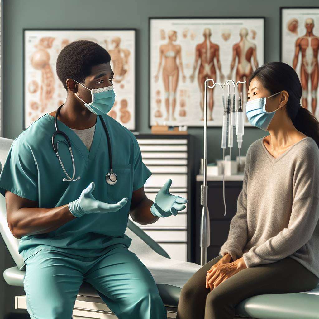 Surgeon consulting patient in clinic setting