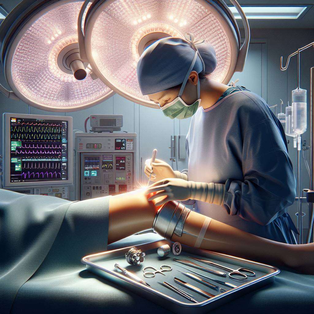 Surgeon performing knee replacement surgery in sterile operating room