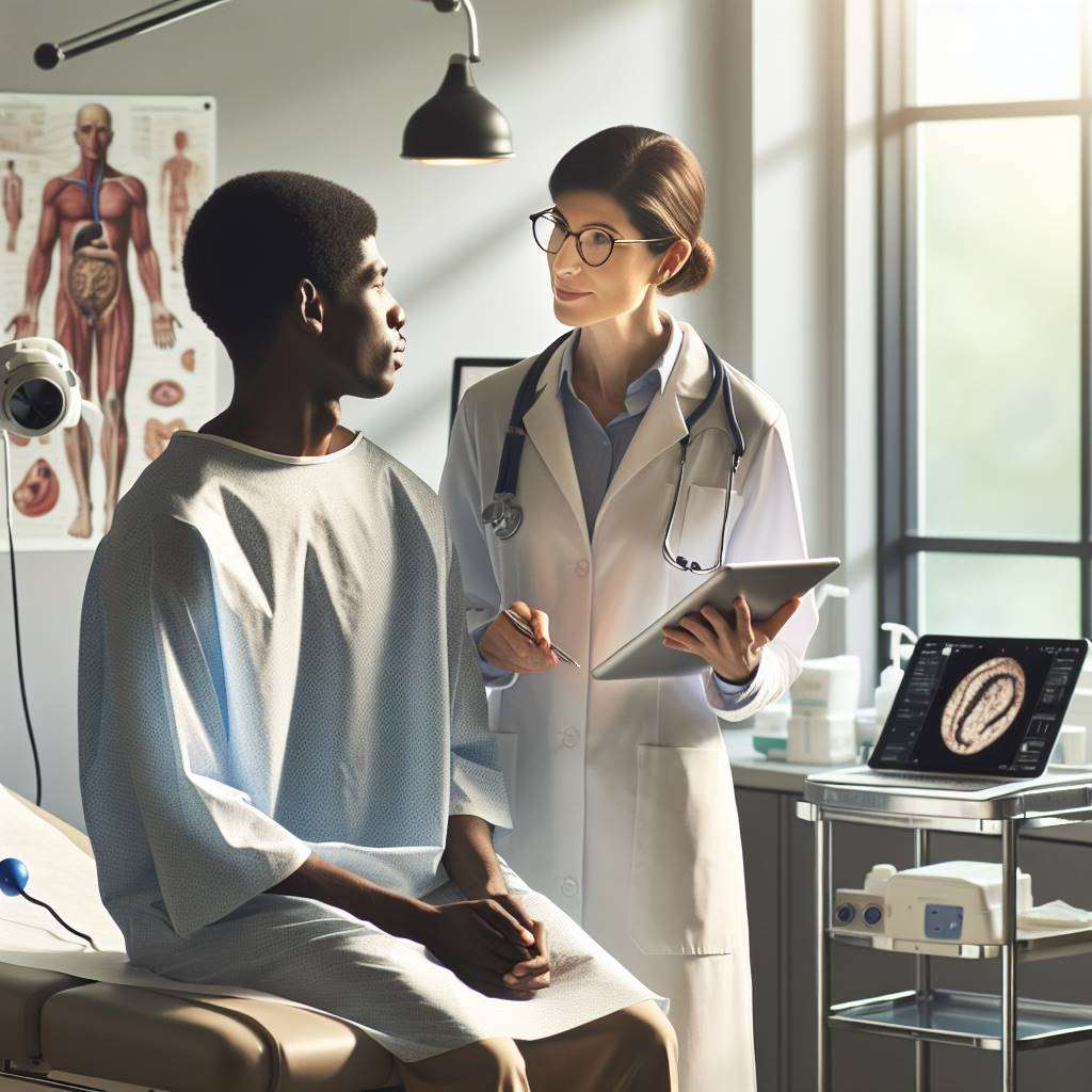 Doctor explaining endoscopic procedure to patient in clinic