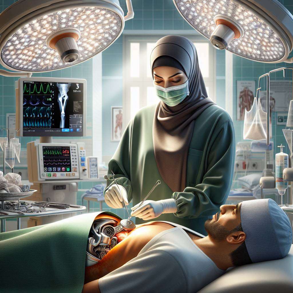 Surgeon performing hip replacement surgery in sterile operating room