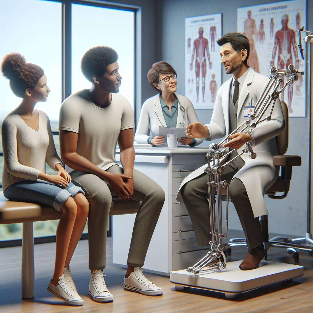 Orthopedic specialist explaining limb lengthening frame to patient and family in clinic setting