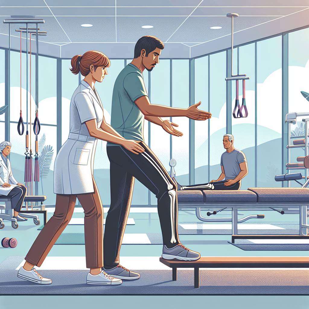 Physiotherapist guiding a patient through hip exercises in a rehabilitation center