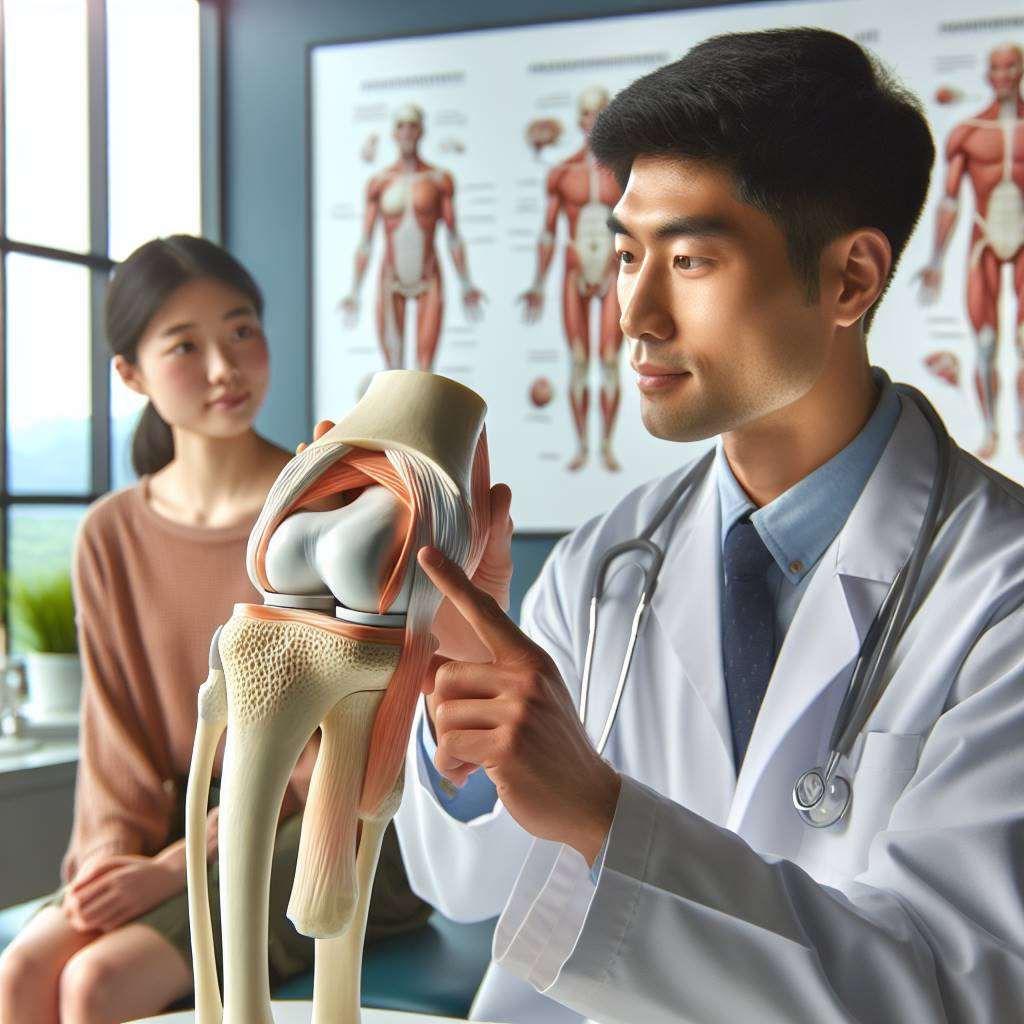 Orthopedic surgeon discussing knee ligament model with attentive patient in clinic setting