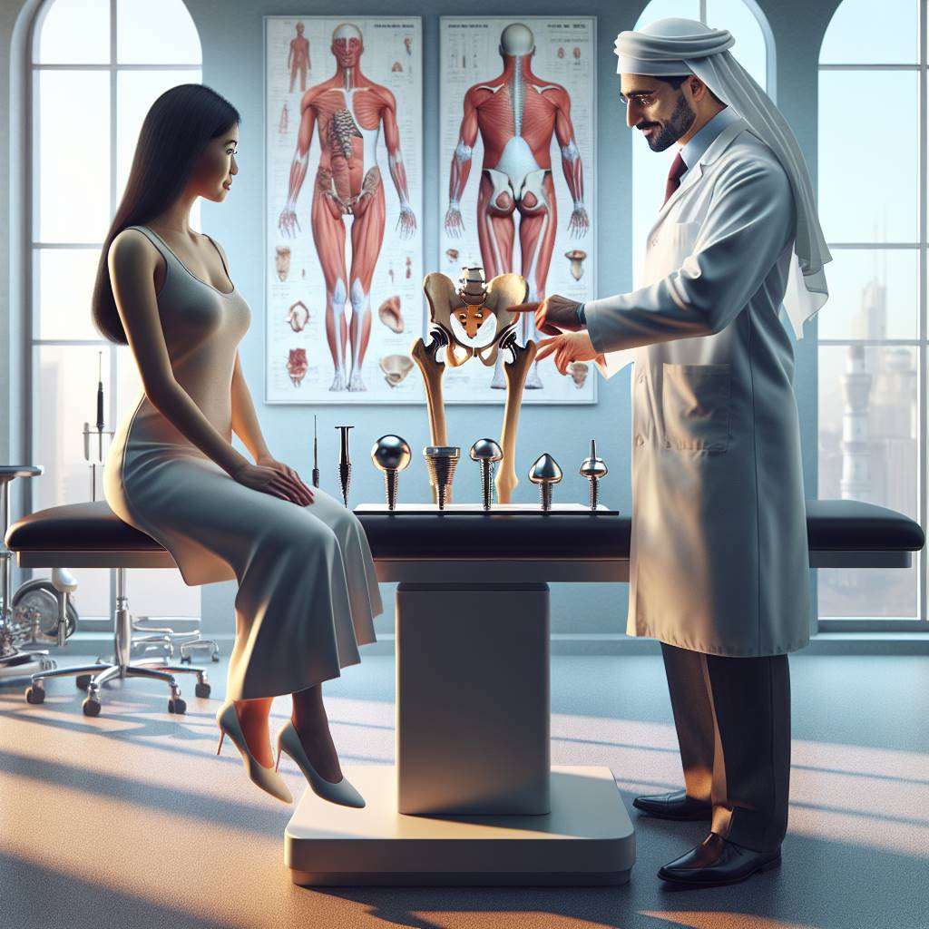 Orthopedic surgeon discussing hip implant options with patient in bright clinic