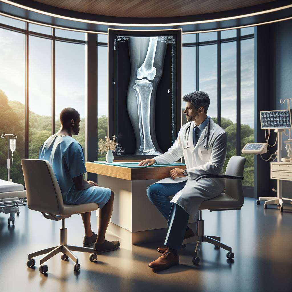 Orthopedic surgeon discussing leg bone X-ray with patient in modern hospital room