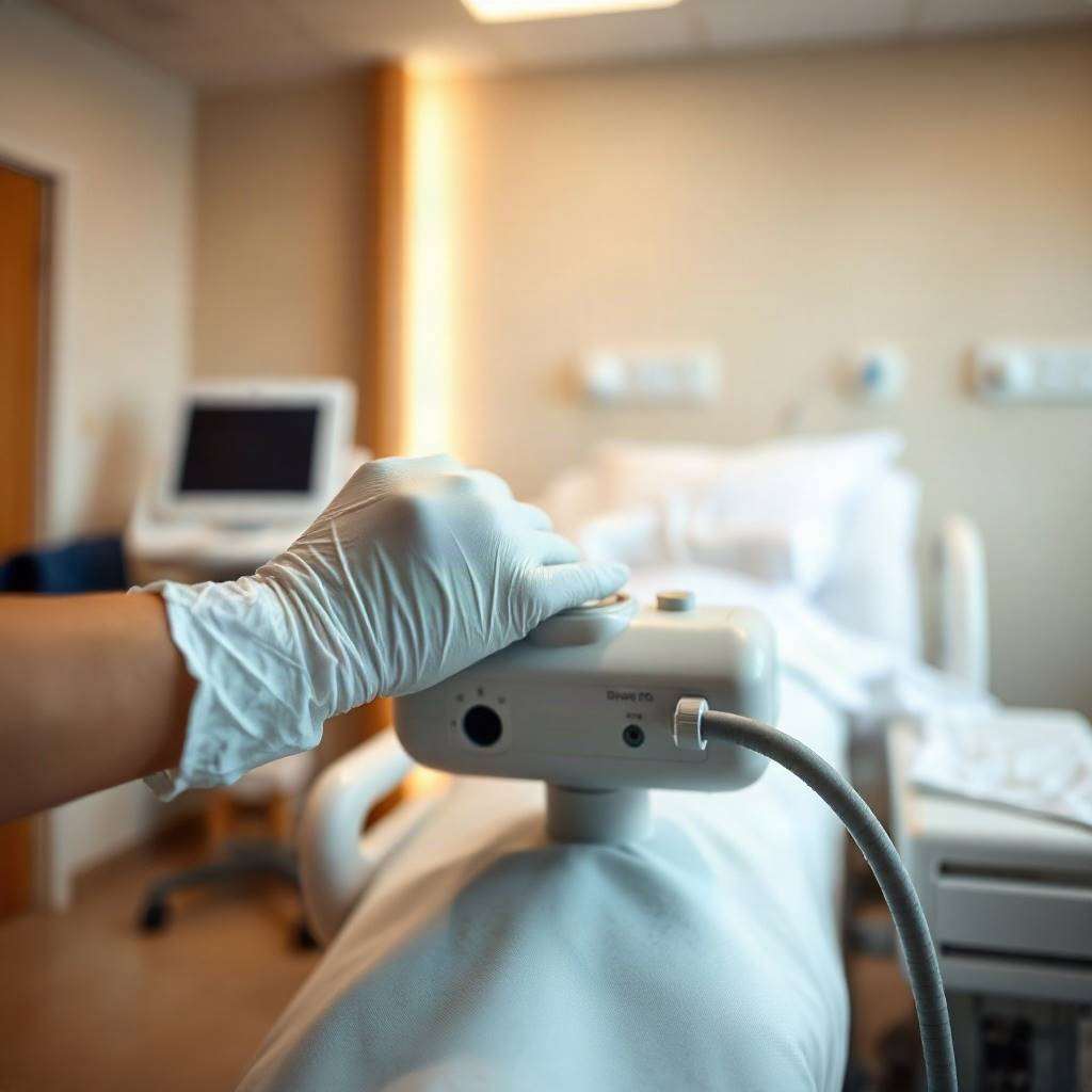 Quiet patient recovery room in an Indian cancer hospital after CAR T-cell infusion