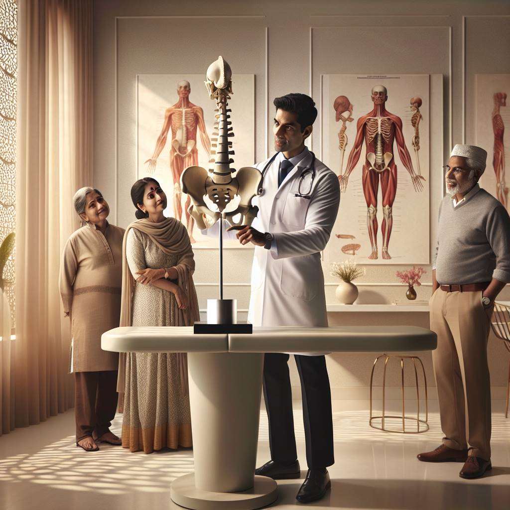 Orthopaedic doctor showing hip model to patient and family in Indian clinic