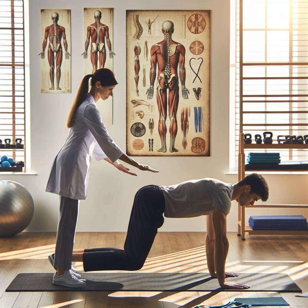 Physiotherapist guiding patient through back strengthening exercises in a modern clinic