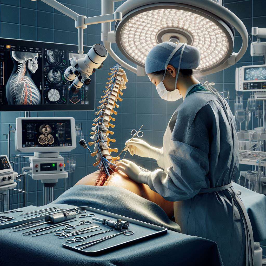 Surgeon performing spinal cord surgery with advanced tools