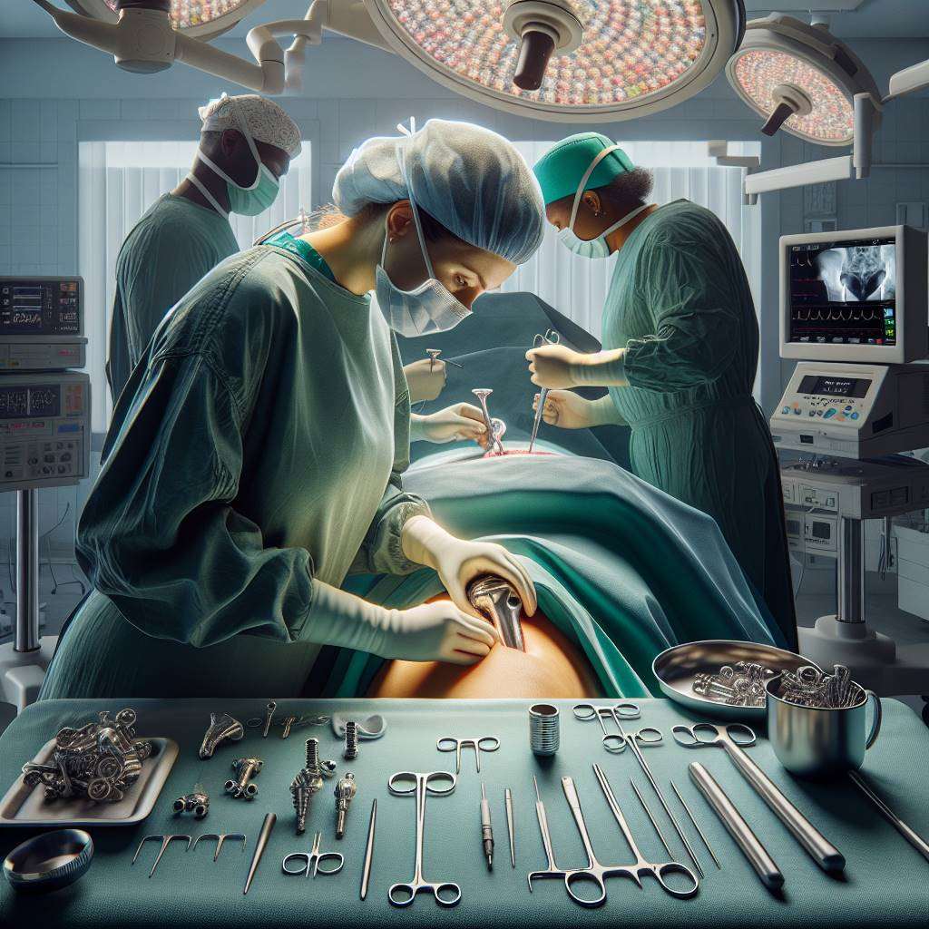 Surgeon performing hip replacement surgery in sterile operating room