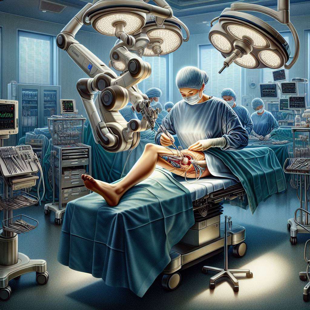 Surgeon performing knee surgery with robotic assistance in a modern operating room