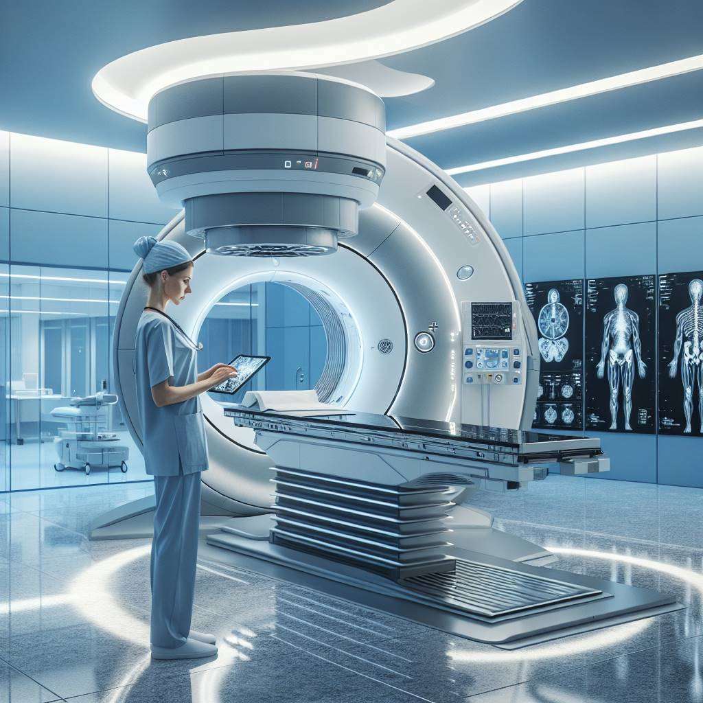 Medical professional adjusting SBRT equipment in a clinical setting