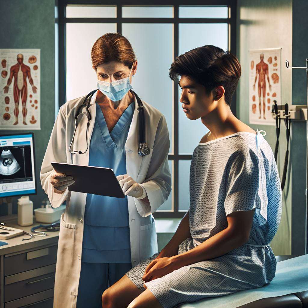 Surgeon consulting patient in clinic setting