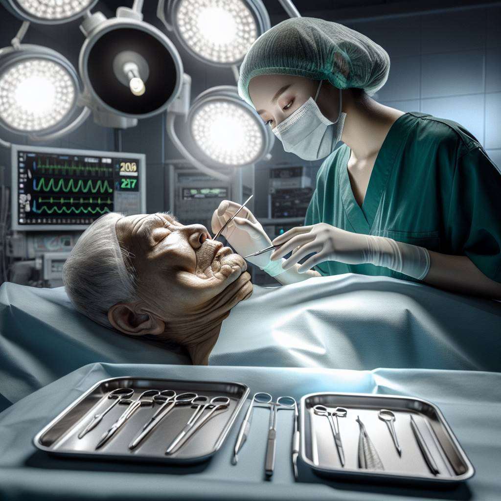 Surgeon performing facelift surgery in a sterile operating room