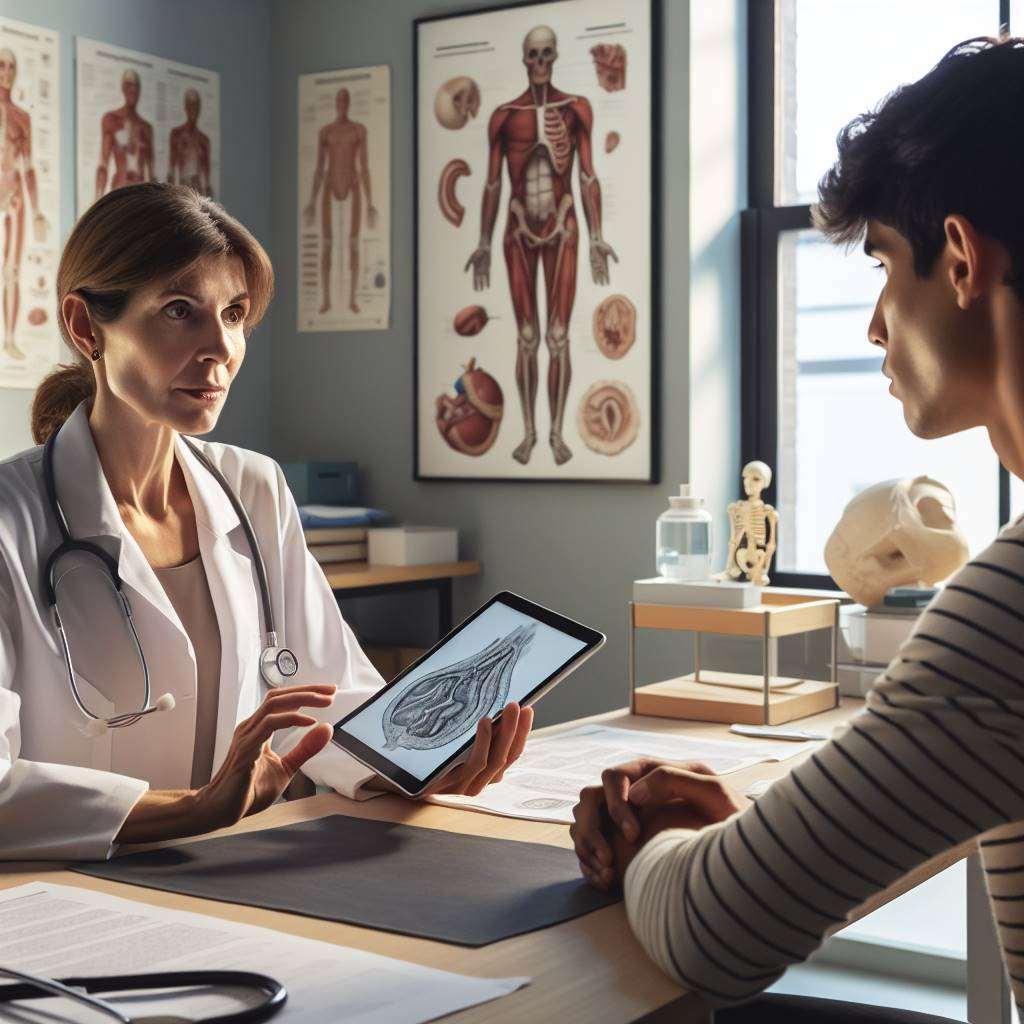 Doctor explaining treatment options to patient in hospital setting