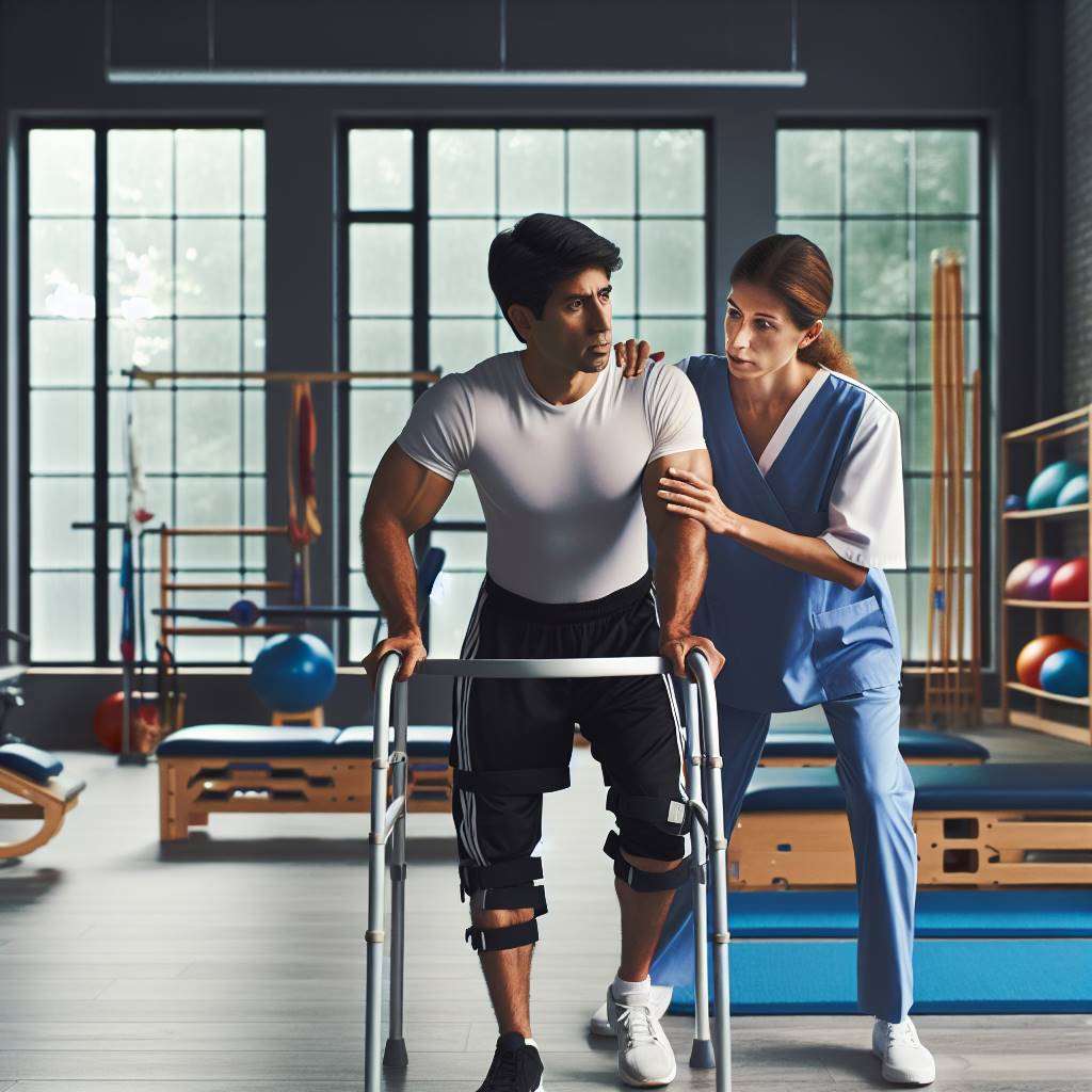 Physiotherapist guiding patient with leg frame during clinic visit
