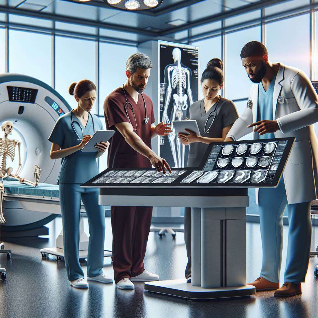 Doctors and patient reviewing rehabilitation exercises in a hospital room