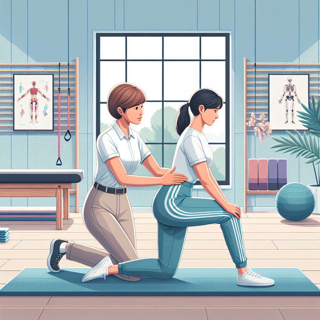 Therapist assisting adult patient with gentle hip exercises in a rehabilitation center