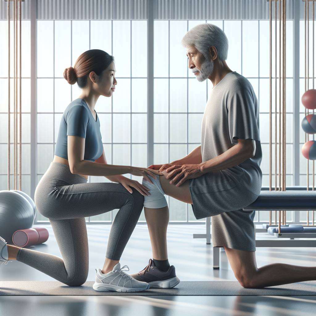 Physiotherapist guiding patient through gentle knee exercises after surgical treatment in a bright clinic